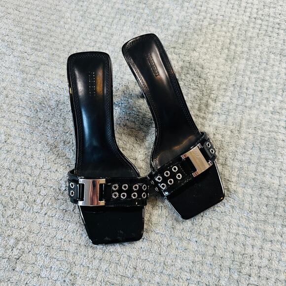 Forever 21 Patent Leather Biker Studded Square Toe Black Heels 8 - Picture 1 of 5